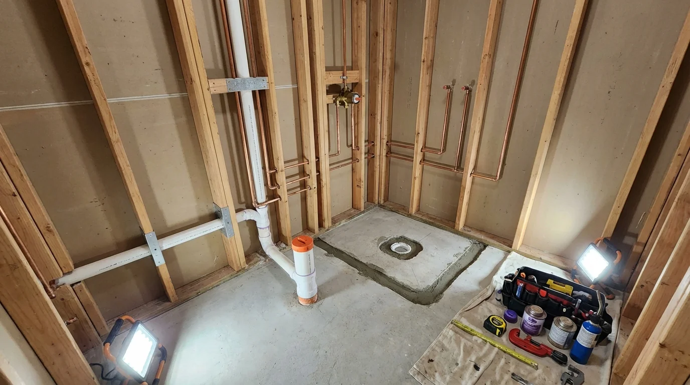 Bathroom rough-in plumbing during remodel by Johns Plumbing LLC in Sierra Blanca