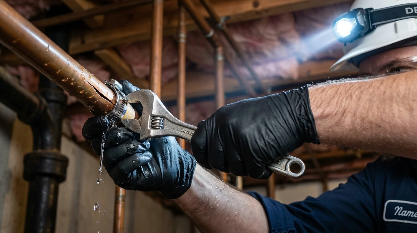 Emergency pipe clamp repair being performed by a Johns Plumbing LLC plumber in Sierra Blanca