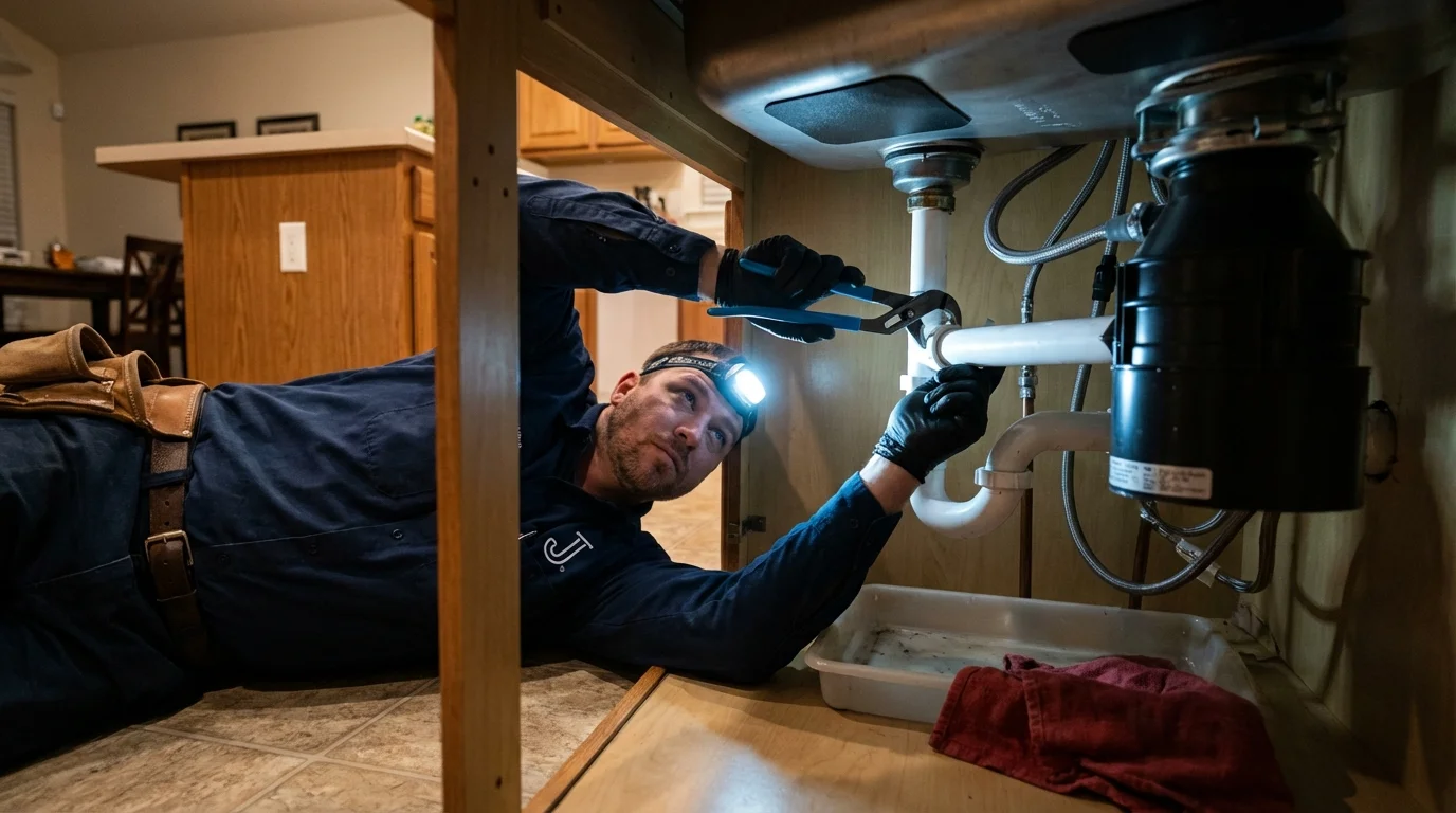 P-trap and supply line connections under a kitchen sink showing a common leak point in Sierra Blanca, TX